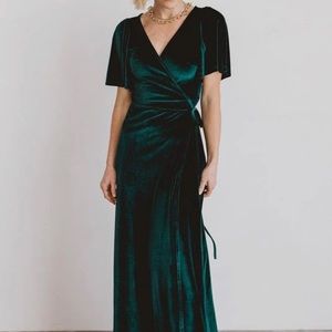 Full length green velvet wrap dress